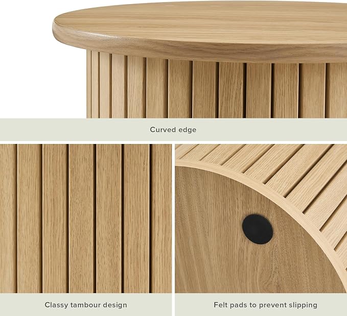mopio Quin Pedestal Side Table, Tambour Round Fluted End Table, Small Accent Tables for Living Room, Mid Century Modern Night Stand, Circle Bedside Tables, Wood Nightstands for Bedroom (Light Oak)