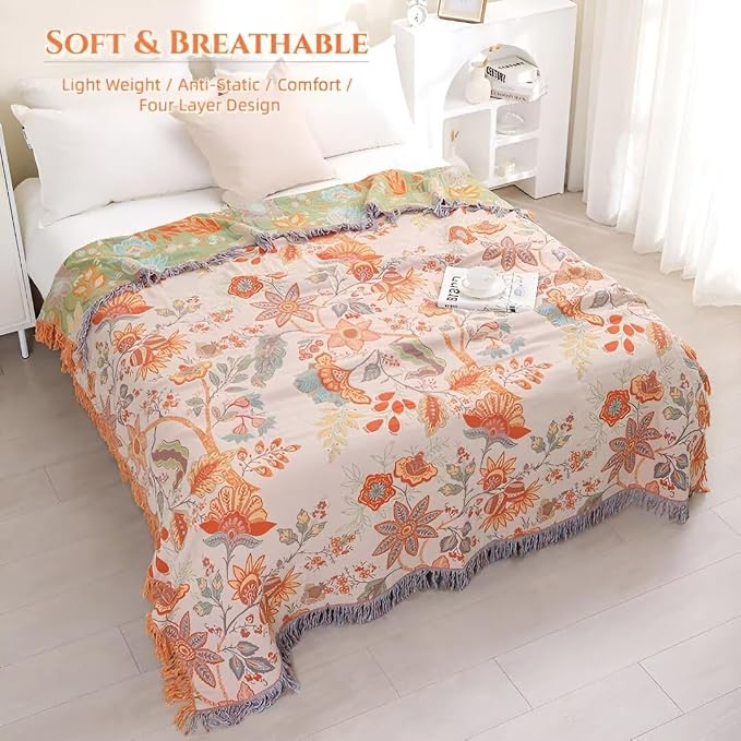 Boho Throw Blanket for Bed 100% Cotton Bohemian Blankets Ultra Soft Woven Muslin Decorative Blankets All Seasons Vintage Quilt Knitted Blanket for Sofa Chair(Orange, 90"x98")