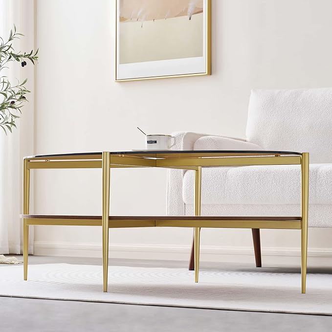 LumFurn Oval Glass Coffee Table, Mid-Century Modern Design, L43 x W22 x H17 inch, 2-Tier Structure, Olive Shaped Amber Glass Top and Walnut Finish Wood Shelf, Tapered Legs with Gold Finish Frame