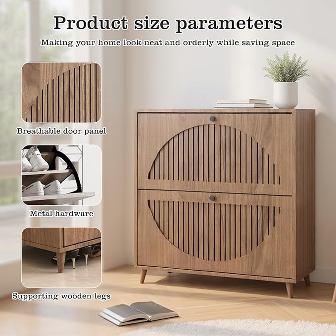 Shoe Storage Cabinet for Entryway | Ultra-Slim Narrow Shoe Organizer with 2 Flip Drawers | Freestanding Hidden Shoe Rack | Space-Saving Solution for Small Hallway, Foyer, Mudroom