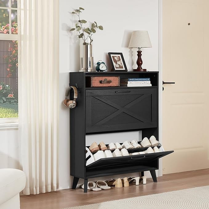 Joaxswe Shoe Cabinet Storage for Entryway with 2 Flip Drawers 2 Hook Open Storage Layer Rack Narrow Organizer Slim Hidden Wood Shoe Cabinet Furniture Black