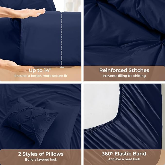 Sasttie King Size Comforter Set, 7-Piece Bed in a Bag, Pintuck Bedding Sets for All Season, Includes Comforter, Flat Sheet, Fitted Sheet, Pillowcases and Pillowshams, Navy