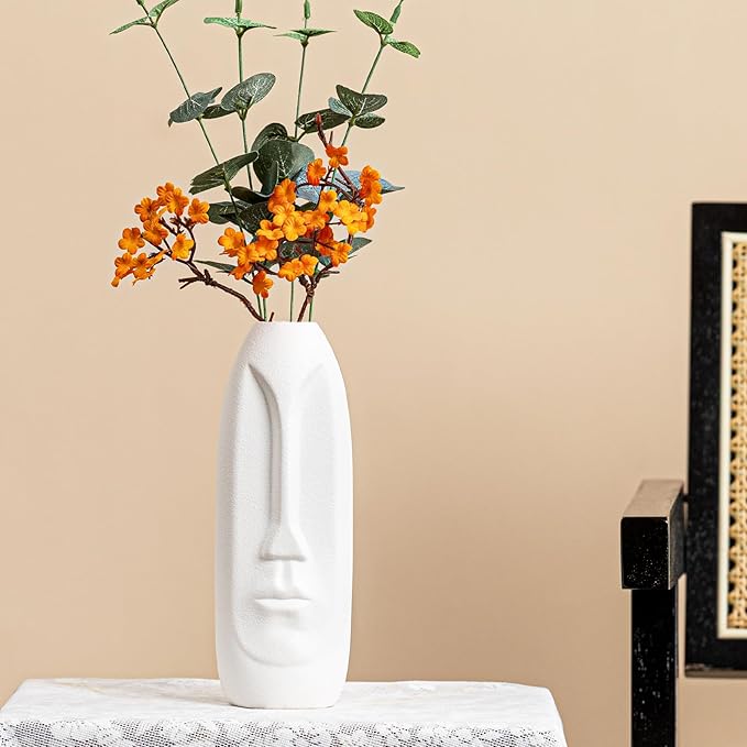 White Ceramic Face Vase - 8.4" Unique Flower Vase with Matte Finish, Decorative Boho/Farmhouse Vase for Pampas Grass & Centerpieces, Living Room/Office Desk Decor & Gift for Her/Yourself