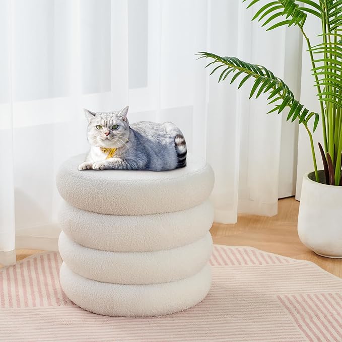 Wimarsbon Round Storage Ottoman, Modern Sherpa Footstool, Teddy Vanity Stool with Flip-Top Tray, Makeup Chair for Home Decor, Upholstered Footrest for Living Room & Bedroom (White)