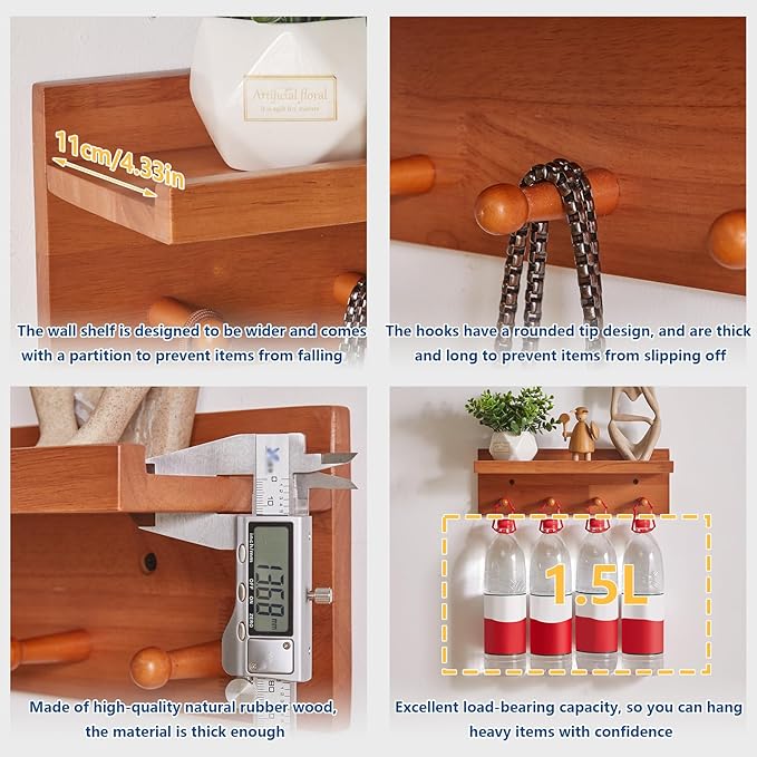 Aibiju Wall Mounted Hook with Shelf,15.75in Entryway Wall Hanging Shelf, Solid Wood Coat Hooks, for Bathroom, Kitchen, Cherry Wood Color YD-WS0240C