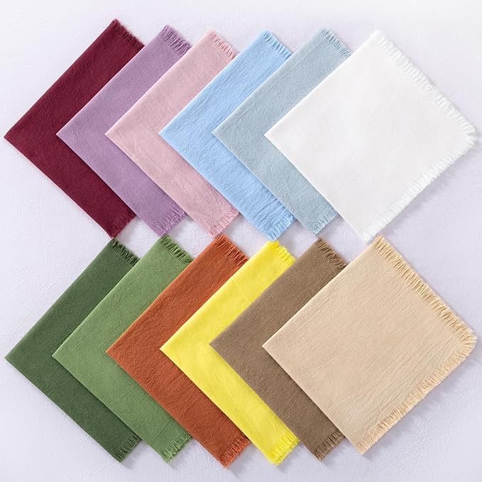 DeZerlor 6 Pack Burgundy Red Cotton Linen Napkins with Fringe Summer Cloth Napkins Set of 6 Boho Handmade Dinner Napkins Bulk for Wedding Bridal Baby Shower Parties, 17 x 17 Inches