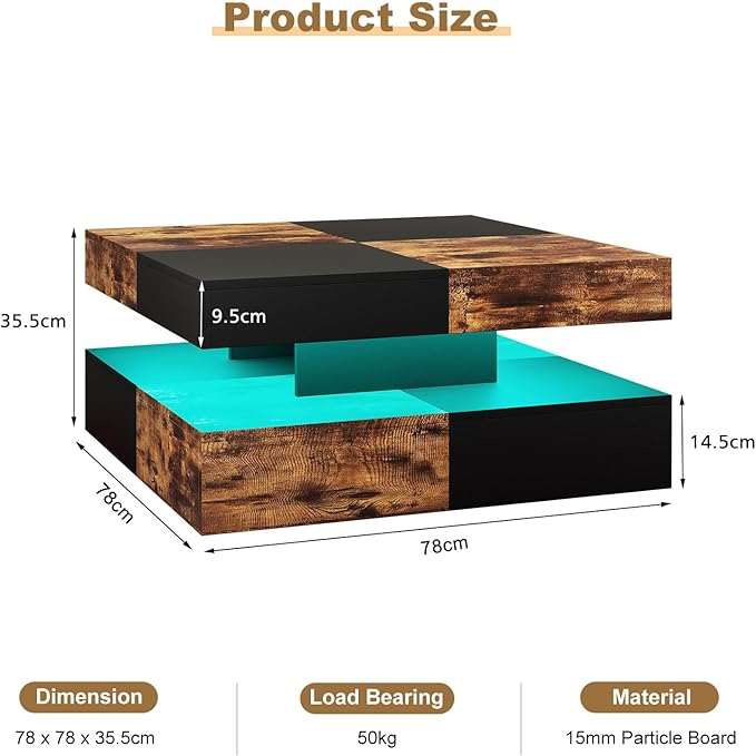 HedoAjim LED Coffee Table for Living Room, Living Room Table 2-Tier Square Middle Center, Modern Coffee Tables with Storage, Contemporary Wood Tea Table for Dining Reception, Rustic Brown