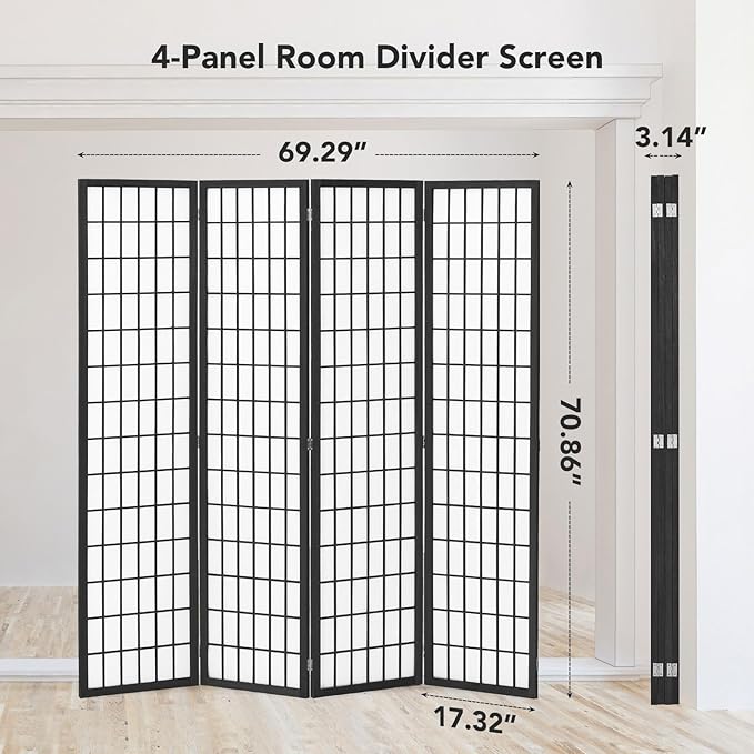 JOSTYLE 6ft Room Divider Wall Shoji Screen, 4 Panel Folding Privacy Screen for Room Separation, Japanese Wood Room Divider, Black, 70.9" H x 69" W