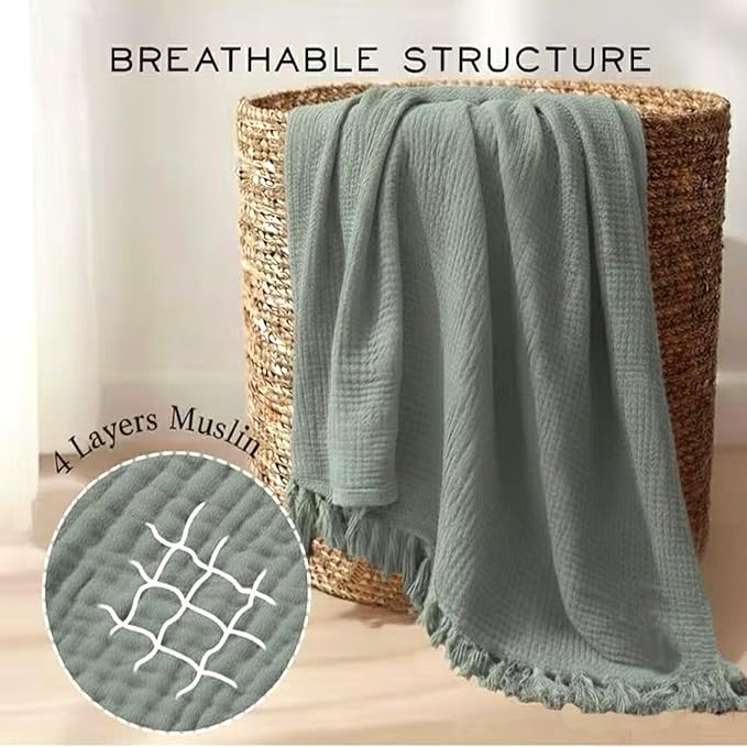 KyraHome 100% Organic Cotton Muslin Throw Blanket, 90"x90" Queen Size, Plant Dyed, Warm, Breathable Gauze Muslin Cotton Blankets for Bed, Cocuh, Coverlet, All Season, Sage Green