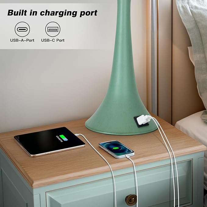 Rinweey Coastal Modern Green Table Lamps Set of 2 for Living Room, 27.5" Tall Bedside Lamp with USB Charging Port,3-Way Dimmable Touch Nightstand Lamp for Bedroom Desk Side Table Office,Green