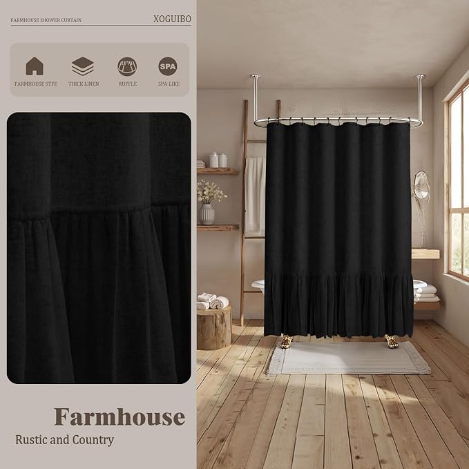 Farmhouse Shower Curtain with Ruffle Hem Linen Flax Black Shower Curtains for Bathroom Country Vintage Rustic Natural Fabric, 72" W x 72" L