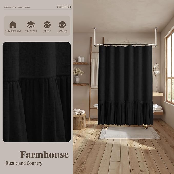 Farmhouse Shower Curtain with Ruffle Hem Linen Cream Shower Curtains for Bathroom Country Vintage Rustic Natural Fabric, 72" W x 84" L