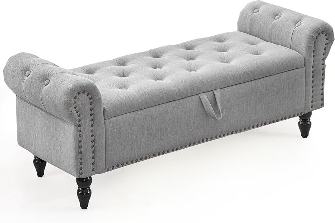 Furnimart Storage Ottoman Bench for Queen Size Bed, Faux Linen Upholstered Storage Bench Accent Bench with Rolled Arms for Bedroom,Living Room, Entryway, 2.5Cubic Feet