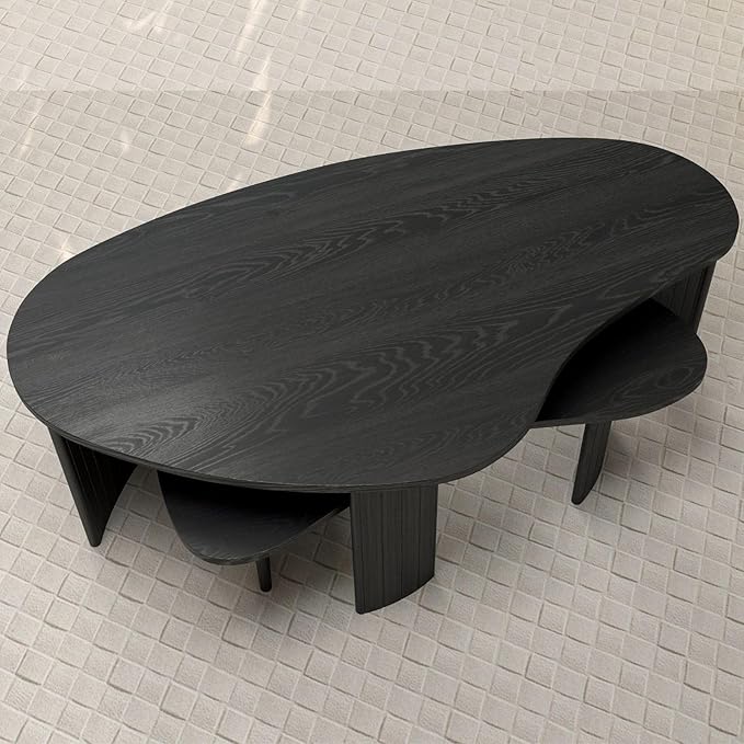 Black Coffee Table Set of 2, Nesting Coffee Tables with Wood Grain Veener, Simple Modern Cloud Shaped Center Table for Living Room