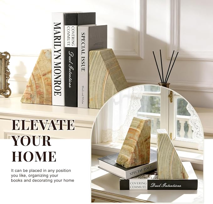 Koville Onyx Bookends, Marble Bookends for Shelves, Natural Stone Book Ends for Heavy Books, Decorative Bookends for Bookshelf Table Home Decor, Heavy Duty bookend for Large Books(Green)
