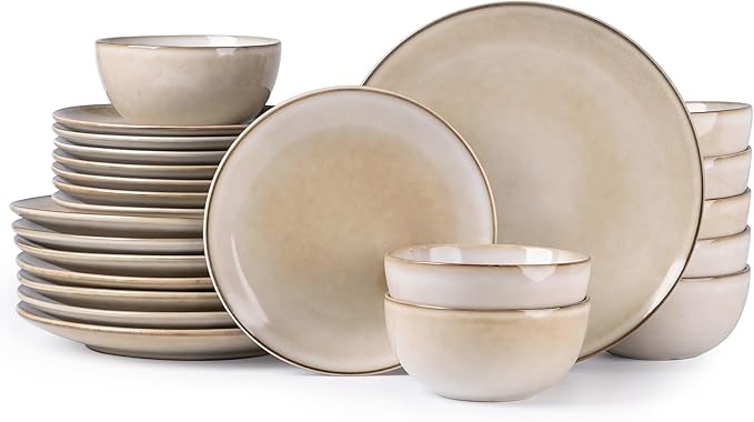 GBHOME Ceramic Dinnerware Sets for 8, 24 Pieces Stoneware Plates and Bowls Sets, Reactive Glaze Dishes -Scratch Resistant, Dishwasher&Microwave Safe-Cappuccino