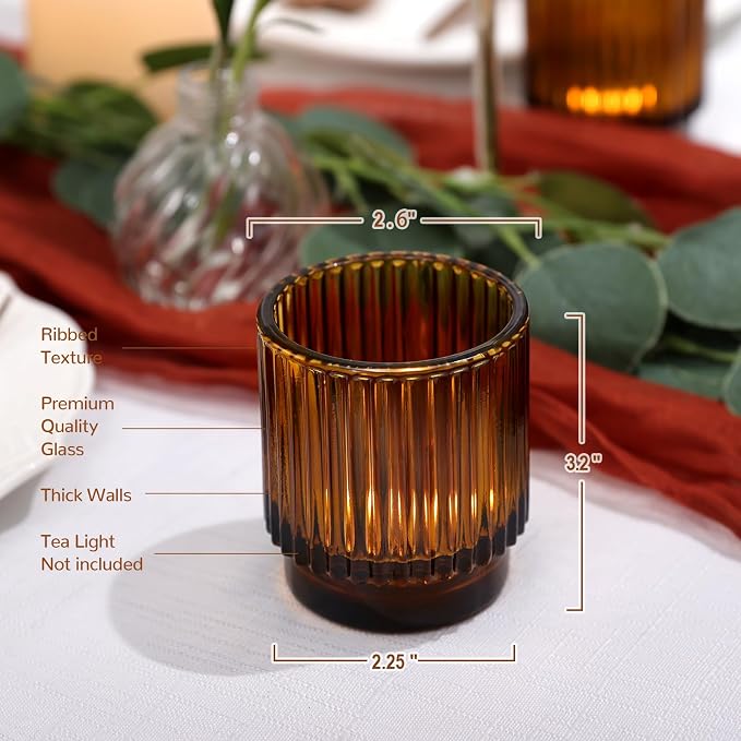 DEVI 8pcs Ribbed Amber Votive Candle Holder for Boho Wedding Decor, Amber Glass Candle Holder for Tea Lights, Vintage Boho Party Home able Decorations, Boho Fall Centerpiece Table Decorations,