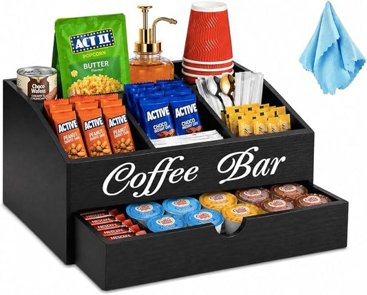 Wooden Coffee Station Organizer with Drawer, 5 Compartment Snack Organizer for Countertop, Coffee Bar Organizer for K-Cups, Tea Bags, Condiments & Office Pantry Storage
