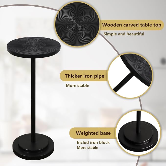 COVLON Drink Table Set of 2, Small Round Pedestal Side Table with Carved Top for Living Room, Bedroom, Small Space, Corners and Office, Black