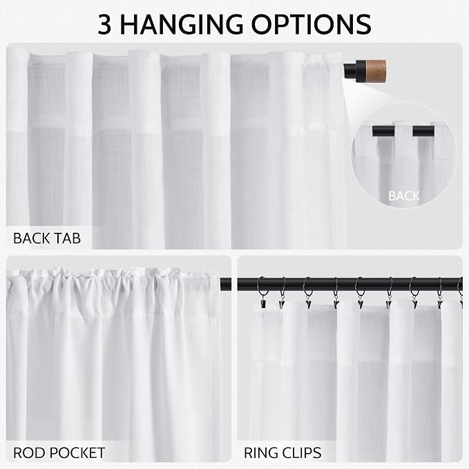 Snow White Linen Curtains 63 Inch Length for Living Room Light Filtering Semi Sheer Curtain Back Tab Luxury Neutral Coastal Modern Farmhouse Decor Drapes for Bedroom Dinner Room 52x63, 2 Panels