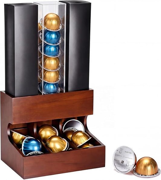 Wooden Coffee Pod Dispenser Compatible with Nespresso Vertuo Capsules Freestanding Countertop Rack Coffee Capsule Organizer for Home Office Kitchen Counters(3 Columns)