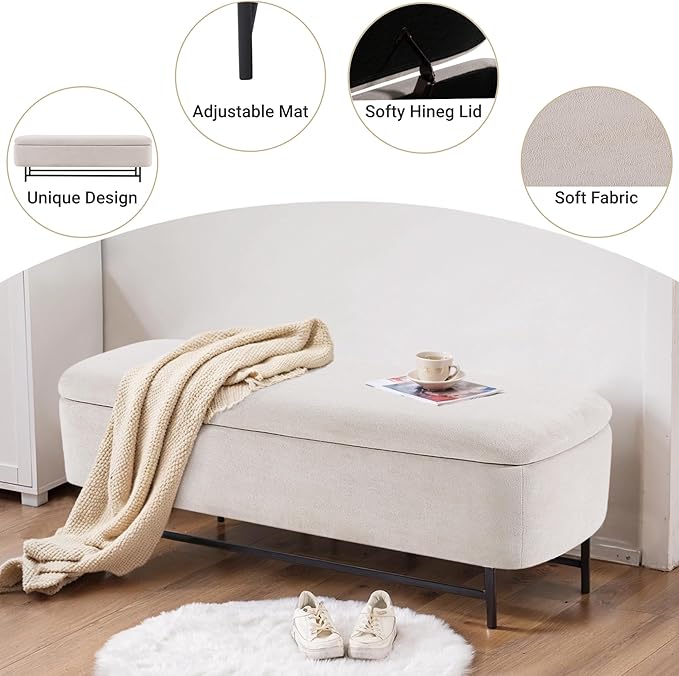 56" Boucle Storage Bench for Bedroom, Upholstered Teddy Ottoman Bench, Modern Extra Long Storage Bench for End of Bed/Entryway/Livingroom/Window (TAN)