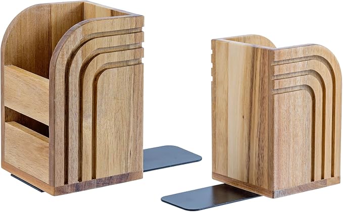 MyGift Premium Acacia Solid Wood Bookends and Pencil Holders with Modern Etched Arch Design, Office Desk Book Ends with Natural Wooden Art Deco Pen Cups, 1 Pair