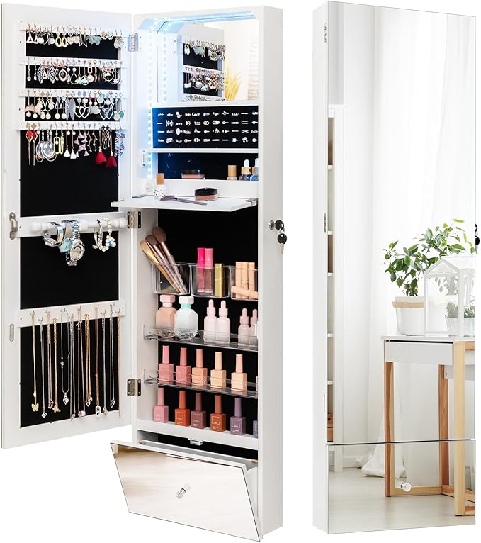 GOFLAME Jewelry Cabinet Armoire Wall Mounted, Lockable Jewelry Storage Organizer with Full-Length Mirror, 3-Color LED Lights, Inner Mirror, 47.2" Tall Jewelry Armoire for Living Room, Bedroom, White