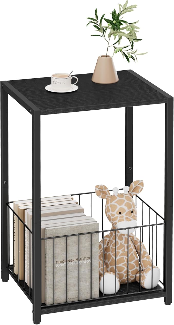 Homleke Side Table with Magazine Holder, Record Player Stand with LP Shelf, End Table for Living Room, Bedroom, or Bedside, Easy Assembly, 11" D x 16.9" W x 23.6" H, Black
