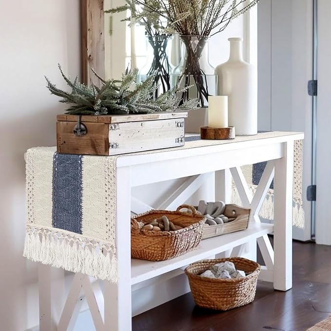 yuboo Table Runner 72 Inches Long, Blue and White Table Runner - Farmhouse Coastal Boho Macrame Dresser Runners for Bedroom, Dining & Coffee Table with Tassels