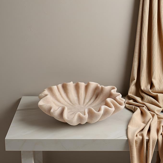 12" Large Decorative Bowl decor - Beige Scalloped Decorative Bowls for Home Decor - Organic Fluted Modern Home Decor,Ruffle Decor key bowl,bowl for keys,Artificial Stone Beige