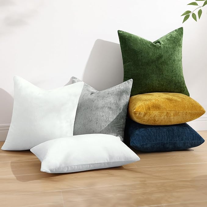 decorUhome Chenille Grey Throw Pillow Covers 12x20 Inch Set of 2, Decorative Soft Couch Pillow Covers Solid Dyed Accent Farmhouse Neutral Rectangle Pillow Cases for Sofa