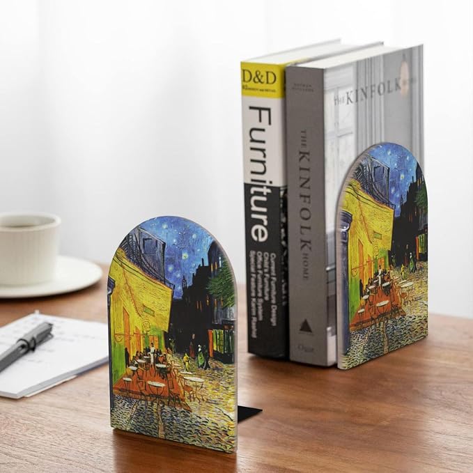 Cafe Terrace 2 Piece Decorative Bookends 6.7x4.2 in, Night Scene Book Ends for Home Office Library Shelves Decor Room Kitchen Desktop