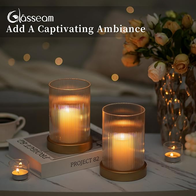 Glasseam Hurricane Glass Candle Holder: Gold Pillar Candle Holders Set of 2 Ribbed Glass Cylinder Covers with Metal Candle Tray Modern Candle Holders for Table Centerpiece Living Room Decorations