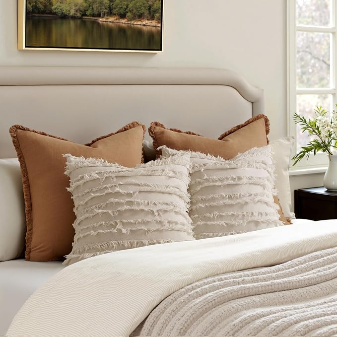 MIULEE Decorative Boho Throw Pillow Covers Set of 2 Spring Neutral Beige Linen Striped Jacquard Pattern Modern Cushion Covers for Sofa Couch Living Room Bedroom 18x18 Inch Home Decor