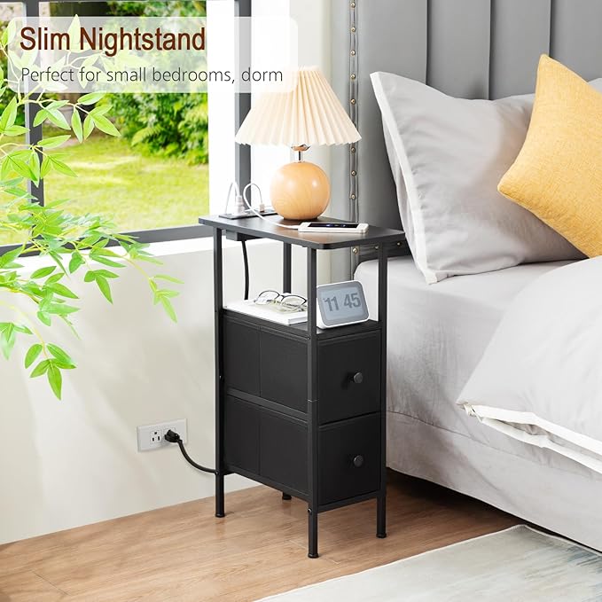 LOAKEKEL Narrow Nightstand with Charging Station, End Tables Living Room Set of 2, Skinny Side Table with Fabric Drawers, Slim Sofa Table for Bedroom, Small Spaces, Couch, Black, HETNDP02BK