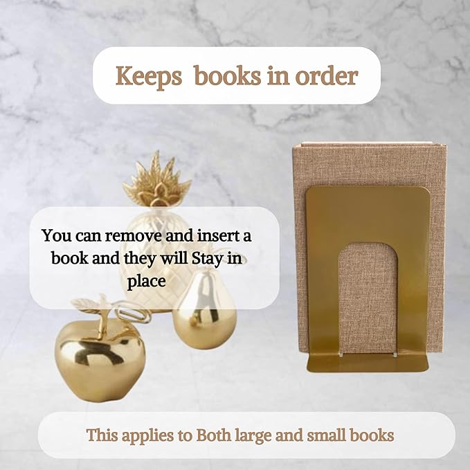 Alessk Dark Matte Gold Metal Bookends for Shelves – Heavy Duty Decorative Bookends for Heavy Books – Modern Book Ends for Office Bookshelf- has 3 Non-Slip Pads at the Bottom – 2Pairs (4 Pieces)