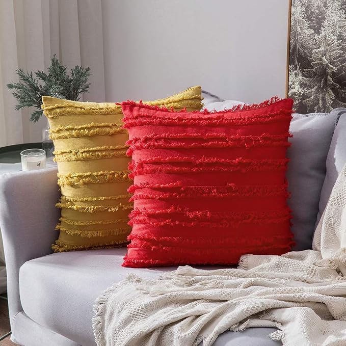 MIULEE Set of 2 Mustard Yellow Throw Pillow Covers Decorative Boho Spring Linen Striped Jacquard Pattern Cushion Covers for Spring Sofa Couch Living Room Bedroom 20x20 Inch