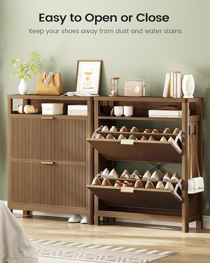 AOGLLATI Shoe Cabinet Storage,Narrow Fluted Shoe Rack Cabinet with 2 Flip Drawers, Wooden Freestanding Organizer with Open Storage Space for Entryway,Wood (Wood)