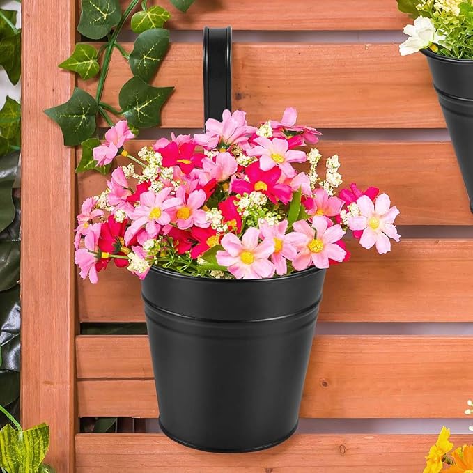 OBTANIM 12 Pack Metal Hanging Flower Pots Railing Planter Outdoor Fence Hanging Bucket Plant Holder with Detachable Hooks Drain Holes for Home Garden Yard Decor (Black and White, 4 x 4 Inch)