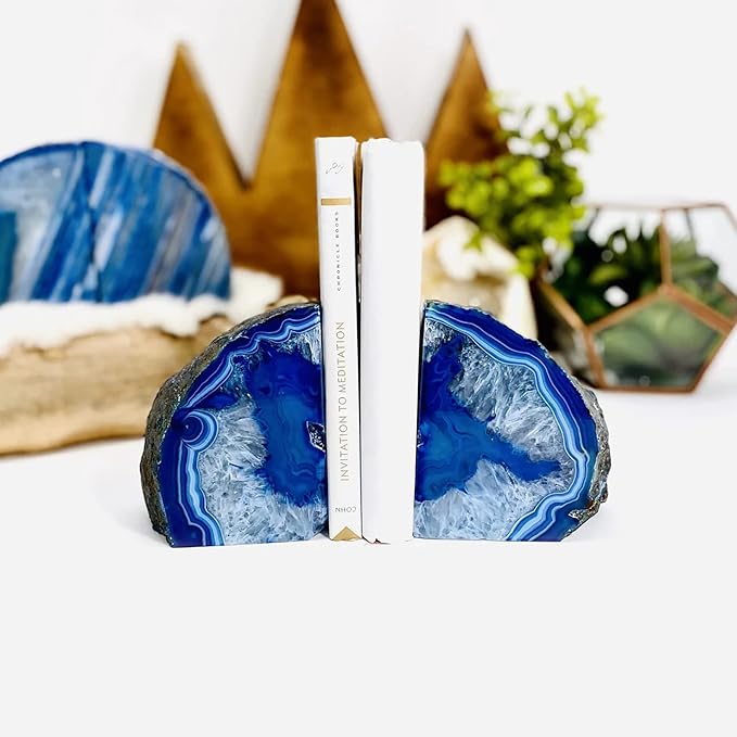 AMOYSTONE Natural Blue Agate Bookends, Heavy-Duty Multi-Purpose Book Ends for Shelves, Decorative Crystal Book Stopper, 4-6 LBS, Perfect for Office Bookcase