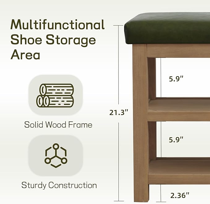 Zihanhome Shoe Rack Bench with Leather Cushion, 2 Tier Solid Wood Storage Bench, Mid-Century Modern Shoe Bench for Entryway, Hallway, Closet, Front Door Entrance, Foyer (Green, 46.5)