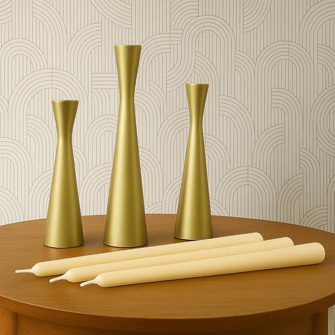 3 Gold Metal Candle Holders - Includes 3 Candles | Ivory 10" Taper | Dining Table Centerpiece | Wedding | Mid-Century Modern MCM Décor | Holiday | Housewarming Gift | Mantel | Foyer | Living Room