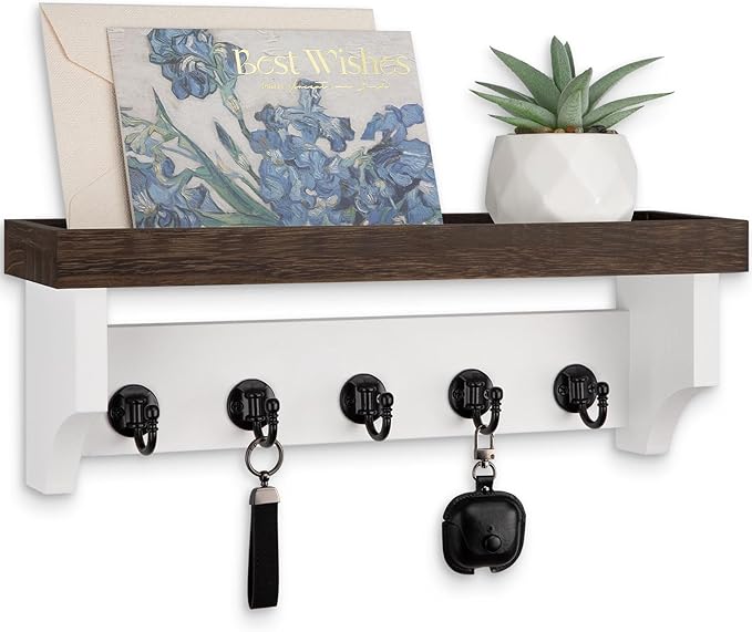 Key and Mail Holder Wall Mount, Key Holder with Shelf and Mail Organizer Wall Mount. Mail Holder with 5 Hooks for Coat, Dog Leash, Home Decor Rack, Entry Way Organizer (Brown & White)