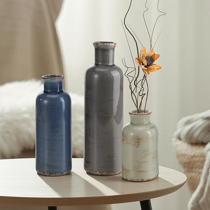 Small Ceramic Vase Set of 3, Boho Modern Flower Vase Room Decor, Farmhouse Decor, Vases for Your Kitchen, Bathroom, Bedroom, Living Room, Office&Shelf Centerpiece Table Decorations
