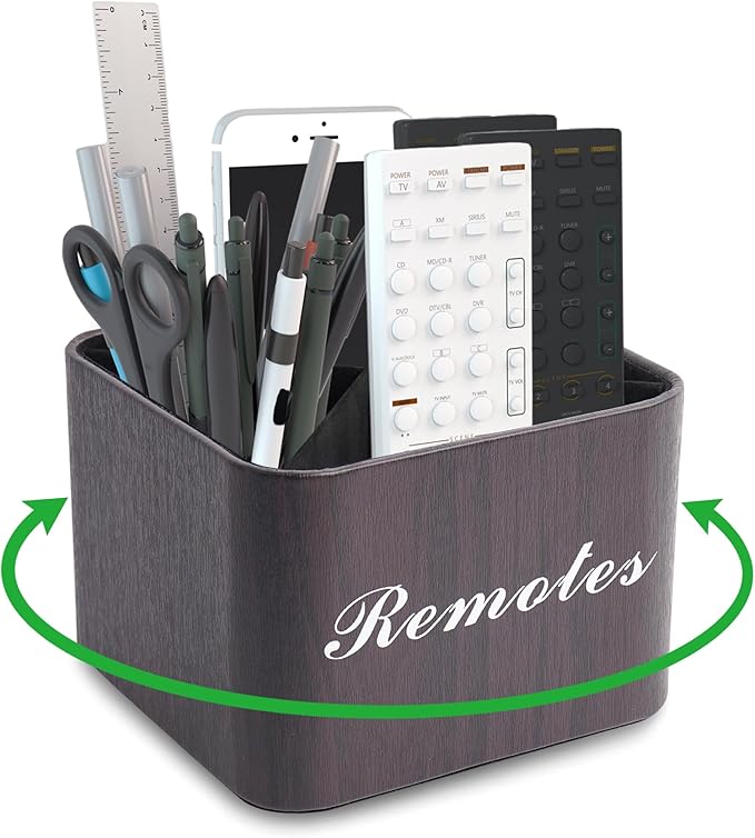 Square Leather Art Supply Organizer,Remote Control Holder with Removable Dividers,360°Rotatable Pencil Holders,4 Compartments Organizer for Office Supplies Storage Box(1-Dark Brown)
