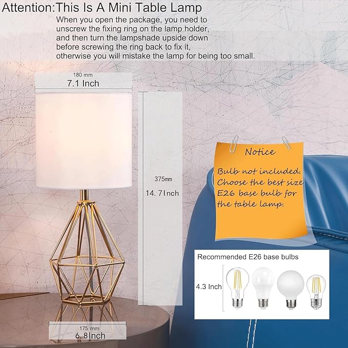 Gold Small Table Lamp Set of 2, Modern Bedside Nightstand Lamps with Geometric Metal Base White Fabric Shade, Cute Desk Lamp for Living Room Bedroom