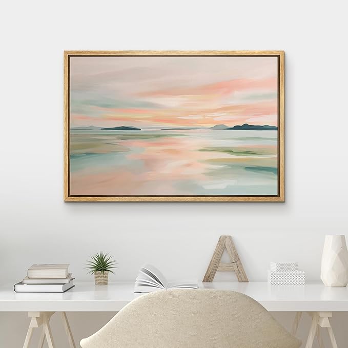 MUDECOR Framed Canvas Print Wall Art Pastel Coastal Landscape with Distant Islands Illustrations Minimalism Decorative Bohemian Zen for Living Room, Bedroom, Office - 24"x36" NATURAL