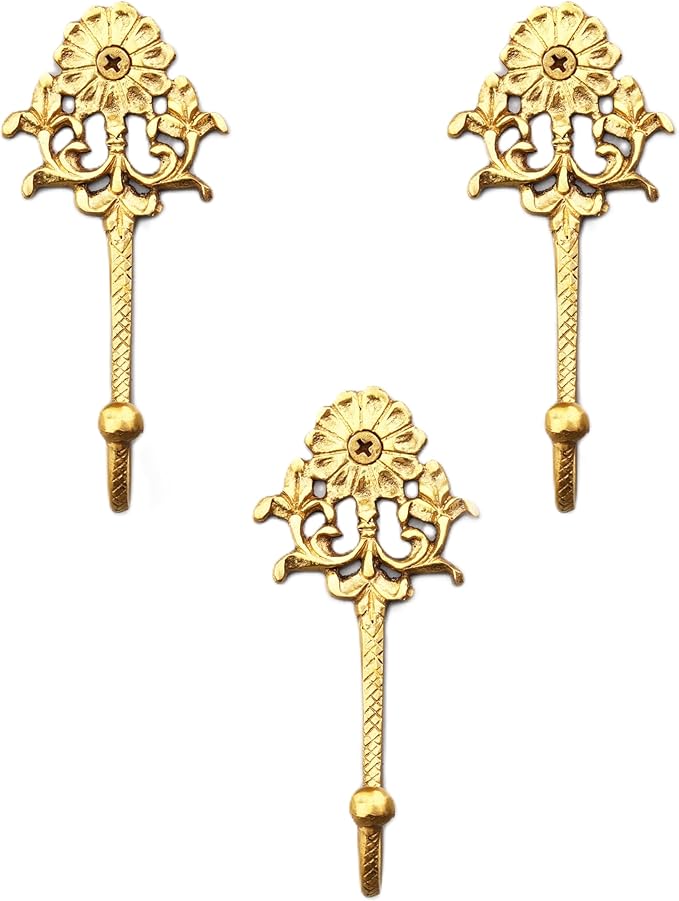 Indian Shelf 3-Packs Handmade Brass Heavy Duty Decorative Vintage Key Holder, Key Wall Hooks for Hanging Coats, Jackets, Leash, Hat, Towel, Backpack, Purse, Handbag for Hallway Décor (Golden)