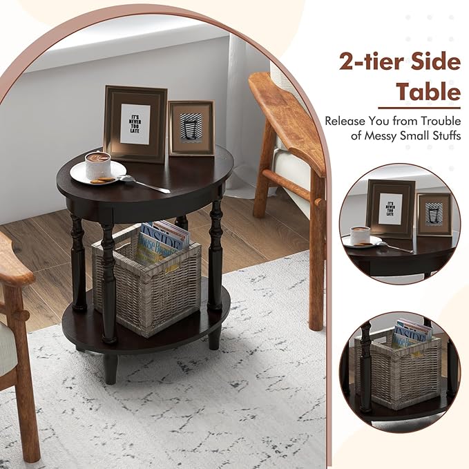 Giantex Oval End Table, 2-Tier Side Table with Storage Shelf & Solid Wood Legs, Modern Living Room Accent Table, Wood Nightstand for Bedroom, Small Space, 20.5" L x 15.5" D x 24.5" H, Espresso
